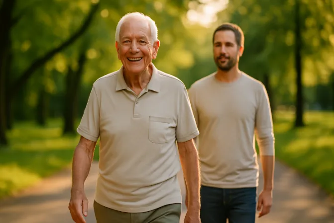 How GPS Trackers Enhance Senior Safety Elderly man and younger man enjoying a walk in a sunny park.